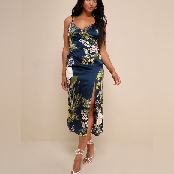 Lulus Dresses & Skirts - Lulu's Navy Floral Satin Midi Slip Dress with Side Slit